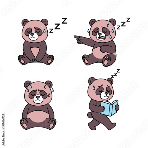 Cute cartoon panda bear sleeping and reading in various poses with copy space