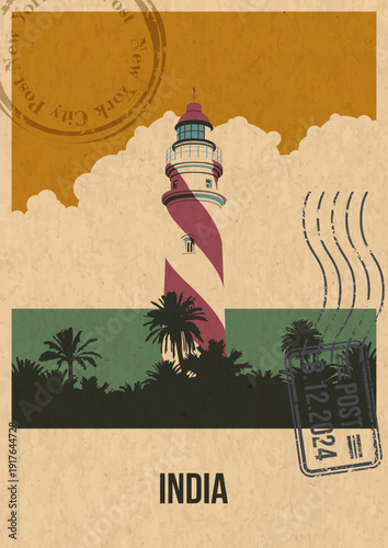 India Lighthouse Attraction Postcard, Kollam Light House Beacon Popular Place Illustration, Vector Template Retro Style Greeting Card. Vintage Colors, Aged Paper Texture