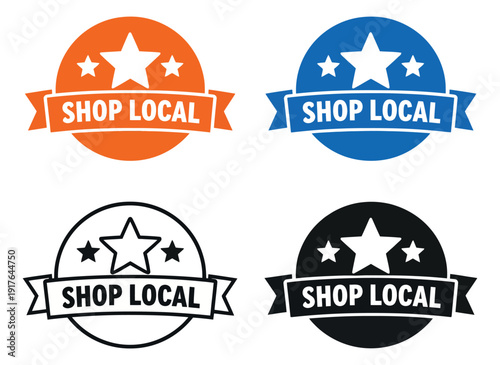 Graphic badge set featuring stars and shop local text on ribbons for local business promotion