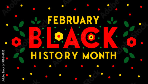 Vibrant february black history month celebration illustration with floral patterns on black background