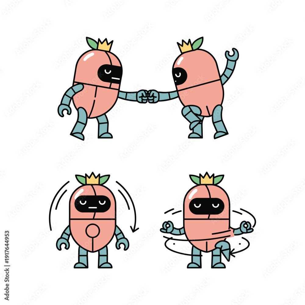 Fototapeta premium Robot peach characters interacting with mechanical parts in a playful robotic dance