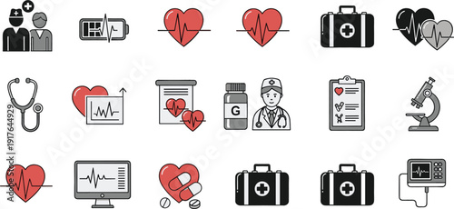 Medical healthcare and cardiology icons set with heart monitor doctor equipment vector illustration