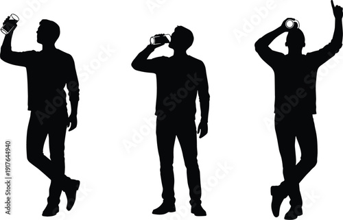 Man drinking water bottle silhouettes set with standing poses isolated black people hydration vector