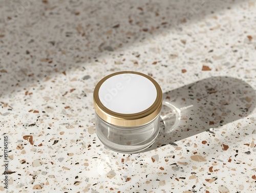 Clear Glass Cosmetic Jar Mockup with Gold Lid and Blank Top Label on Terrazzo Background in Sunlight Shadow
