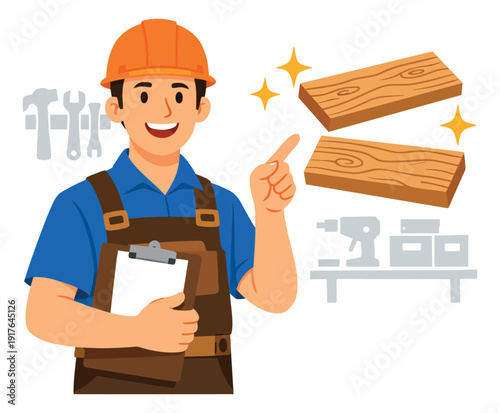 Flat design illustration of a smiling carpenter depicting quality wooden planks for carpentry and construction