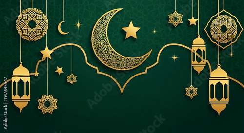 Elegant Ramadan Illustration Featuring Crescent Moon, Stars, and Lanterns Hanging from Decorative Lines