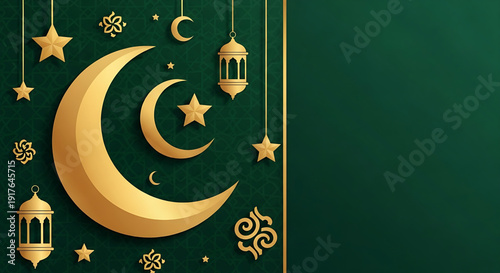 Celebration of Ramadan with crescent moon, stars, and lanterns on dark green background from overhead viewpoint