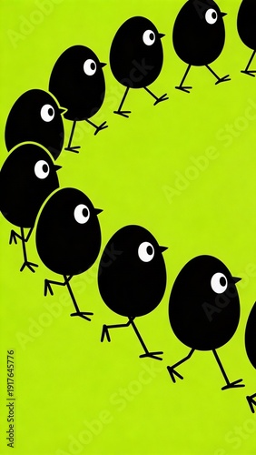 Cute black cartoon birds marching on bright green background, playful minimal illustration for kids design and social media, springtime vibe for Easter cards