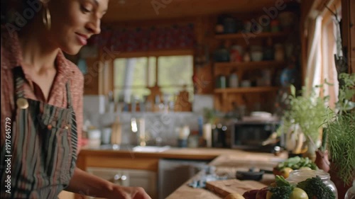 Woman preparing healthy food in a cozy kitchen environment