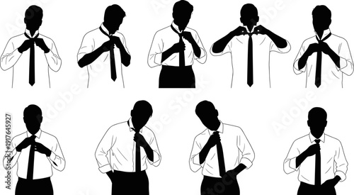 Businessman Tying Necktie Silhouette Set, Professional Men Getting Ready for Work, Flat Vector Art