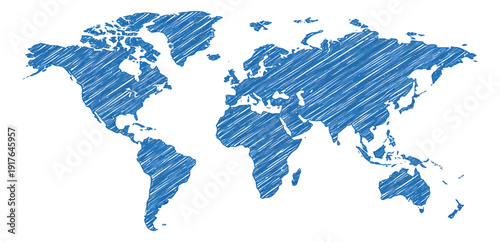 Hand drawn illustration of a world map depicting global continents for geographical concepts