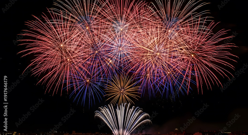 Fototapeta premium Colorful fireworks display bursting over the city skyline of Val