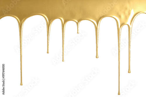 Luxury golden liquid paint dripping down isolated on white background.