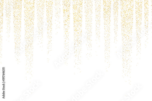 Golden glitter particles falling in vertical lines on white background.Abstract luxury background with gold stipple gradient effect.Gold dotted vertical stripes on white, elegant festive texture.