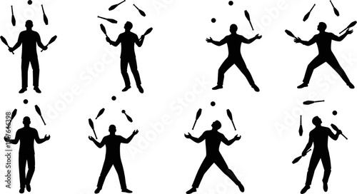 Juggling Man Silhouette Set Performing with Clubs and Balls in Flat Illustration Style