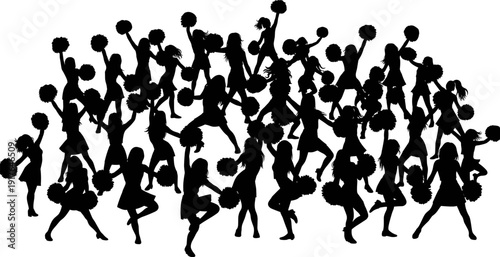 Large Group of Cheerleaders Silhouette Set, Team Spirit and Pompom Dancing, Flat Vector Illustration