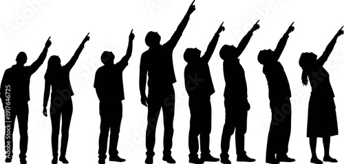 Silhouette of People Group Pointing Up and Looking at Sky in Flat Illustration Style