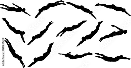 Swimming Silhouette Set, People Diving and Swimming Underwater, Flat Vector Illustration Isolated