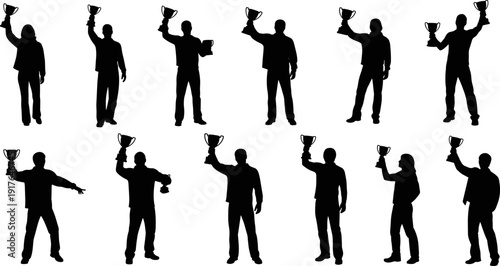 Winning People Silhouette Set, Champions Holding Trophies and Celebrating Success, Flat Illustration