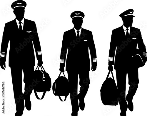 Airline Pilot Silhouette Set, Professional Aviators Walking with Luggage, Flat Vector Illustration