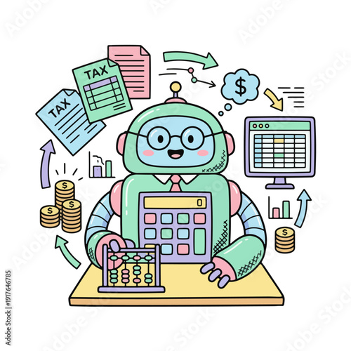 Robot accountant working on financial documents and calculations.
