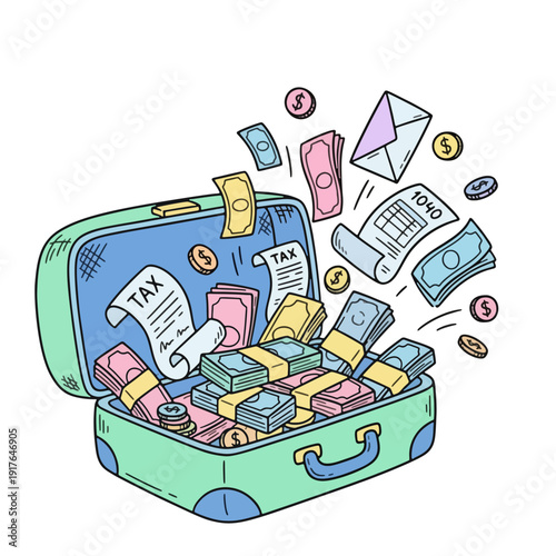 Illustration of a suitcase overflowing with money and financial documents.