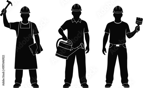 Construction worker silhouettes set with hammer toolbox and trowel isolated black industry labor vector illustration