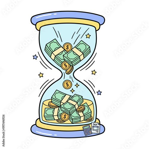 Cartoon illustration of money flowing through an hourglass.