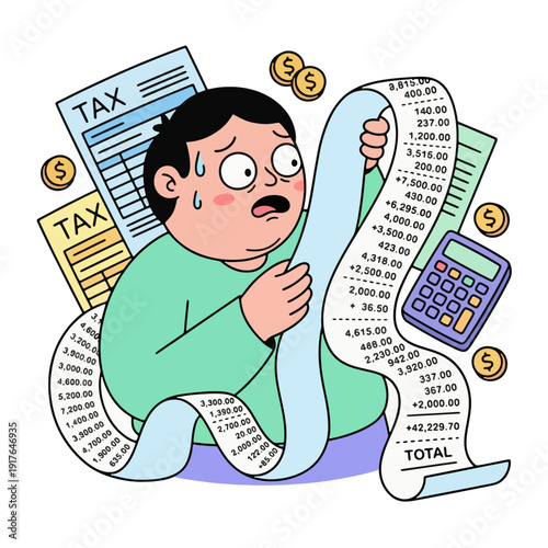 Stressed Man Overwhelmed by Tax Documents and Bills.