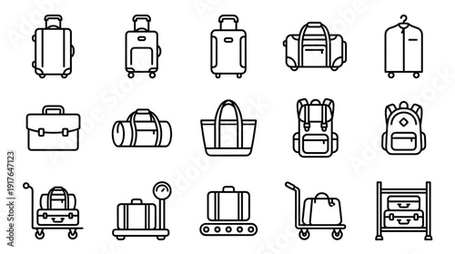 Collection of luggage and travel icons in a minimalist line art style showing various bags, suitcases, backpacks, and airport equipment for transportation and tourism concepts