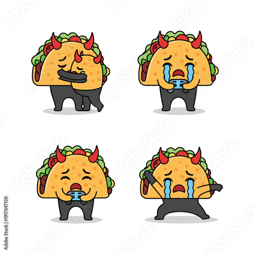 Taco character crying with different emotions on white background