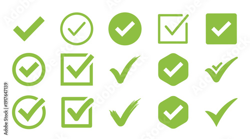 Green check mark vector icon set with various styles including circles, squares, hexagons, and hand-drawn brush strokes for approval and confirmation symbols