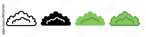 Set of four green bush icons presented in various graphic styles including simple line art, a solid silhouette, a flat color illustration, and retro pixel art