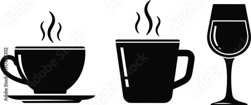 Hot drink and wine glass silhouettes set, black vector icons of coffee cup, tea mug and stemware isolated on white background.