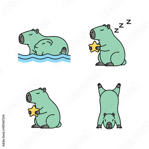 Capybara doing yoga and sleeping with stars on white background