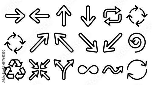 Collection of black line art arrow icons showing various directions and symbols like recycle, refresh, and infinity in a simple, minimalist graphic design style for user interfaces