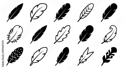 Diverse set of black feather icons presented in various graphic styles, including solid silhouettes, simple outlines, and decorative quill shapes for symbolic design elements