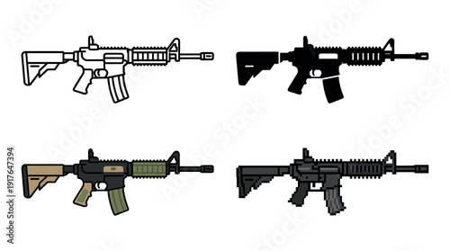 Set of four assault rifle icons presented in various artistic styles such as a simple outline, solid black silhouette, colorful flat illustration, and retro pixel art