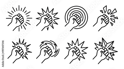 Clenched fist line art icon set with various graphic effects symbolizing a powerful punch, hit, impact, smash, and strength for protest or revolution concepts