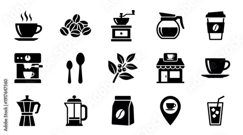 Set of black coffee-related icons showing a cup, beans, grinder, pot, espresso machine, and other brewing equipment in a simple minimalist glyph style for graphic design