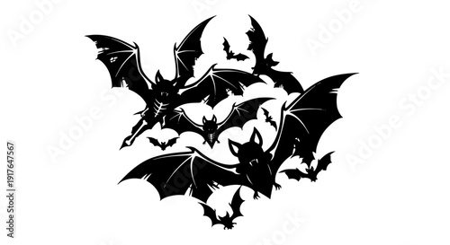 Horror Zombie Bat Flock Silhouette Tattoo Style Halloween Vector Set