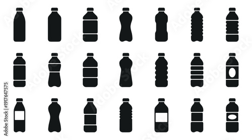 Large collection of black plastic bottle silhouettes in various shapes and sizes representing different types of drink containers in a minimalist, flat graphic icon set
