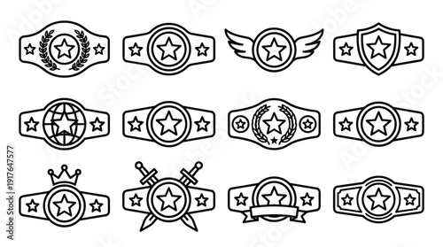Collection of black line art championship belt icons with various star designs, including laurel wreaths, wings, shields, and crowns for sports or gaming achievements