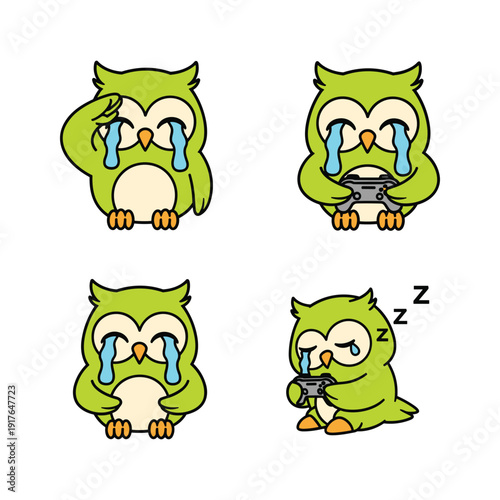 Crying cartoon owl with different emotions and sleepy mood