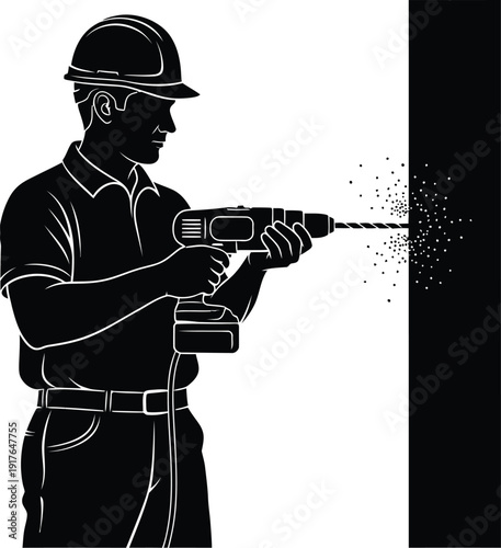 Construction worker wearing protective headgear uses a powerful cordless power drill to bore a hole into a solid vertical surface in this illustration