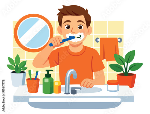 Cartoon style illustration of a young man depicting brushing his teeth for daily dental hygiene