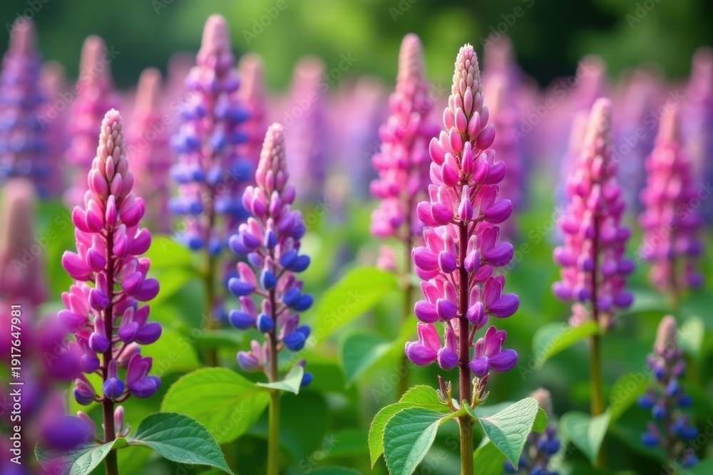 Obraz premium Vibrant Lupine Flowers in a Field of Blossoms, Showing Delicate Petals and Lush Green Foliage Under Soft Sunlight