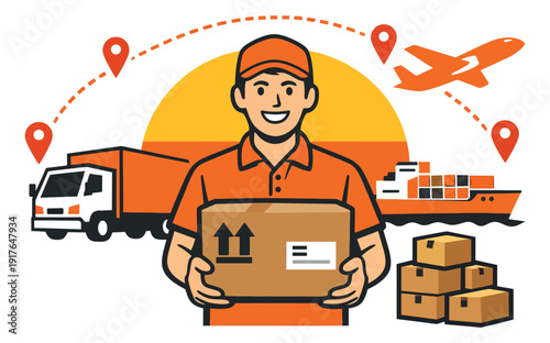 Modern flat style logistics set featuring a delivery man holding a package with transportation icons for global delivery
