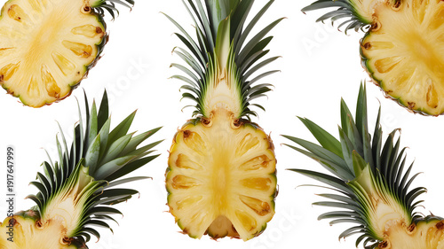 A vibrant display of fresh pineapple slices on a clean white background