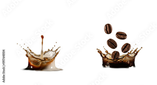 Frozen motion of espresso and milk colliding in a crown splash and coffee beans impacting dark coffee on a white background. Premium beverage advertising concept